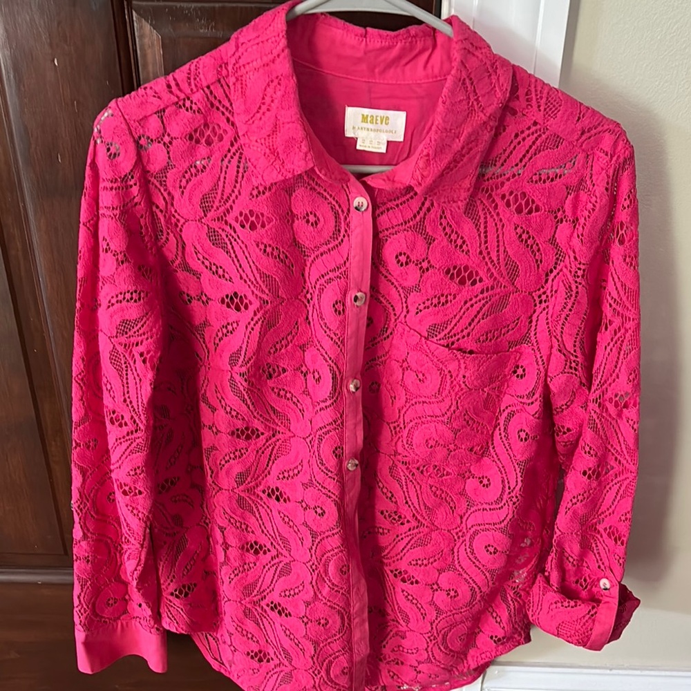 Maeve Fuchsia Lace Shirt Size 10 (New without Tags) by Antropologie